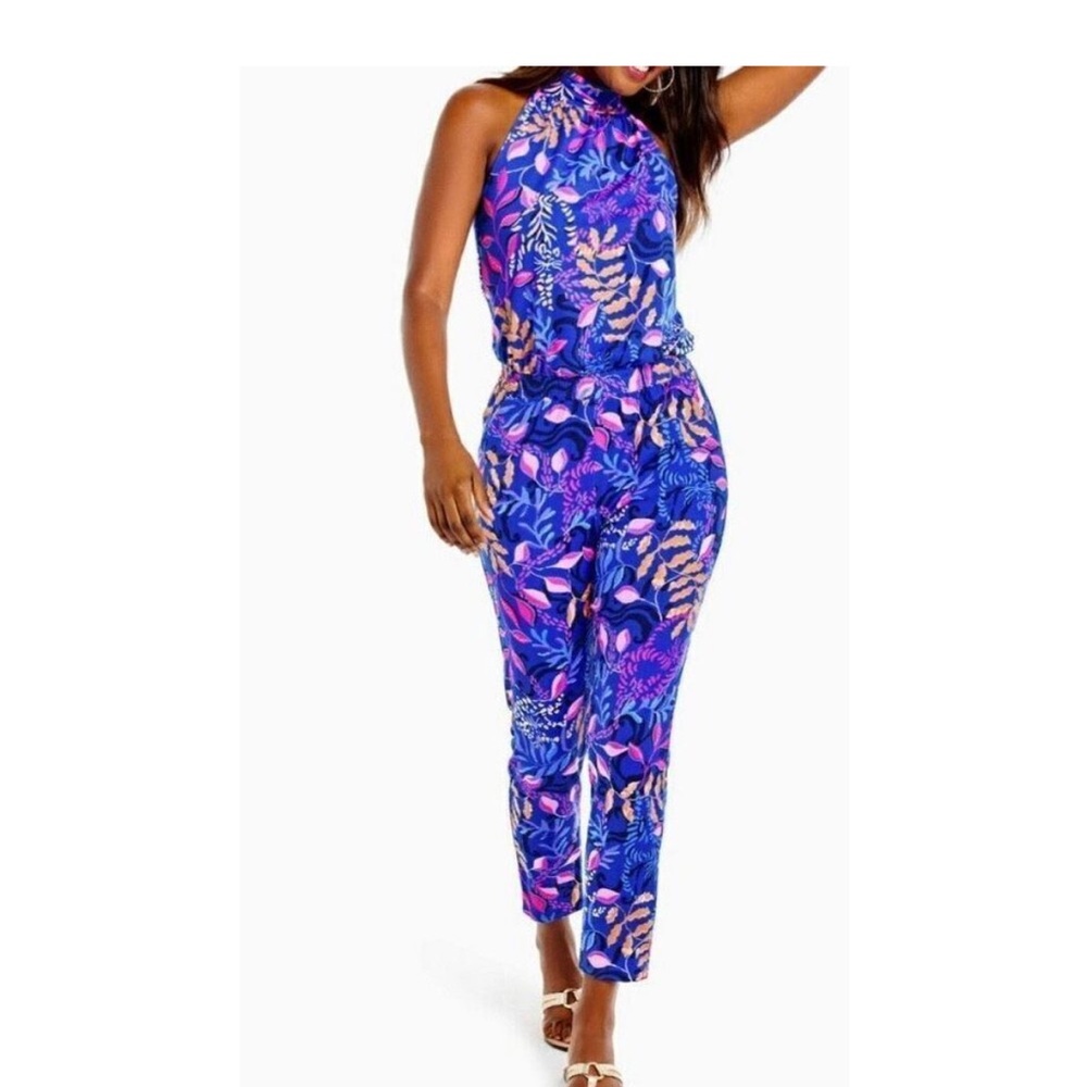 NWT Lilly Pulitzer Neck Tie Wyota Borealis Blue Pant One Piece Jumpsuit Romper M